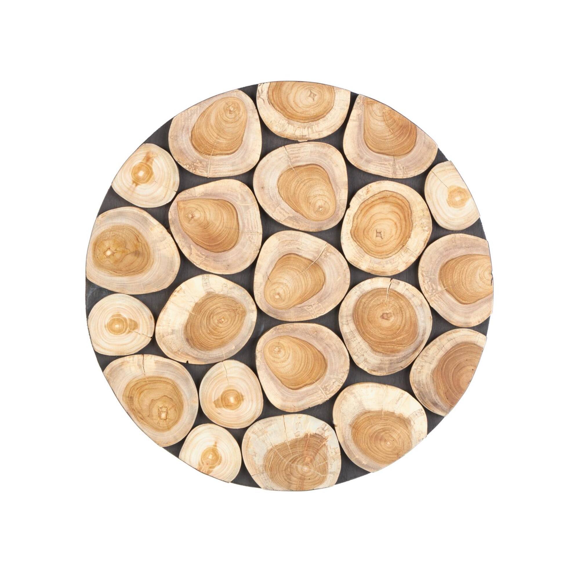 24" x 24" Brown Teak Wood Abstract Handmade Round Mosaic Inspired Wood Slab with Black Backing Wall Décor